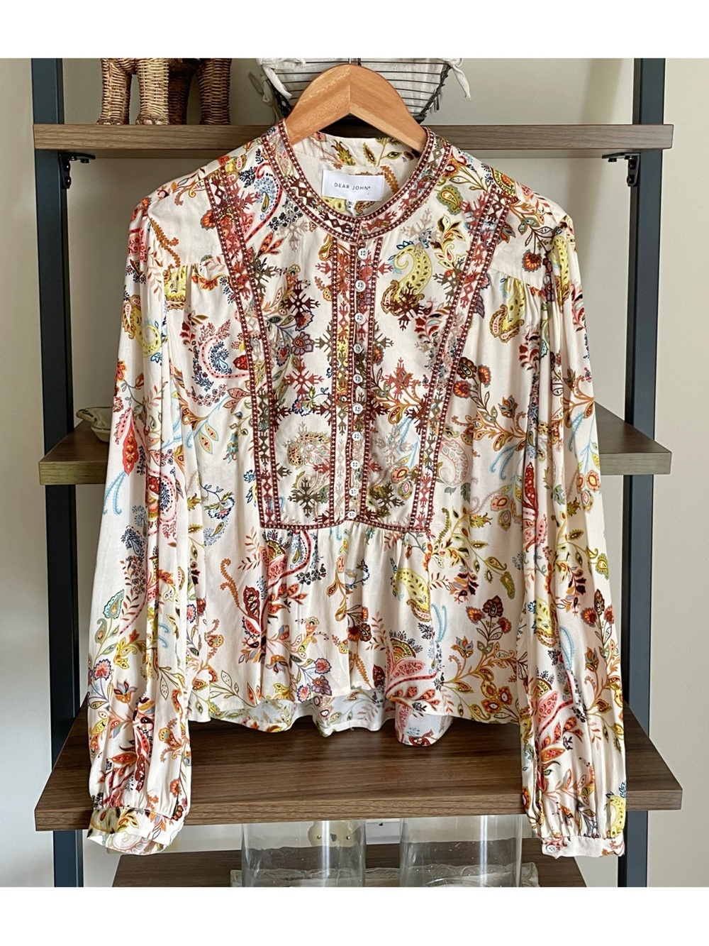Dear John Cream Embroidered Button-Front Peasant Top Multicolor Print, Medium